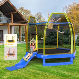 Costway Trampolino elastico per bambini con scivolo scaletta diametro 223cm, Saltarello con struttura in metallo Blu
