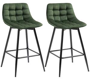 Set 2 Sgabelli da Bar con Schienale e Poggiapiedi 45x47x88 cm in Metallo e Velluto Verde