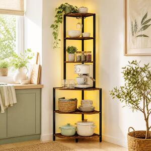 Costway Scaffale angolare a 6 ripiani 165 cm illuminazione a led regolabile, Mobile multiuso per cucina soggiorno e camera da letto