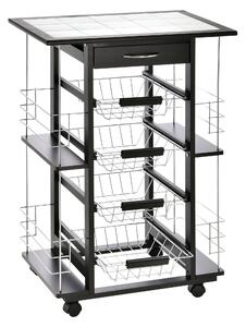 Carrello da Cucina con 4 Cestini e 4 Scomprati in Legno di Pino 57x37x83 cm Nero