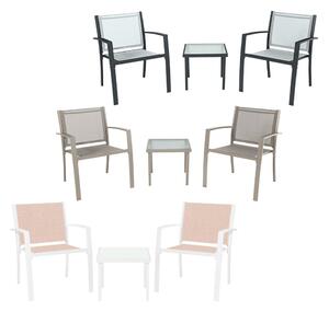 LIF Salotto da Giardino con 2 Poltrone e Tavolino con Piano in Vetro in Acciaio/Textilene/Vetro colore marrone - Paride