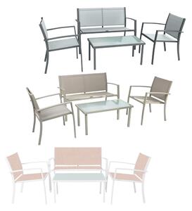 LIF Salotto da Giardino con Divano 2 Poltrone e Tavolino con Piano in Vetro in Acciaio/Textilene/Vetro colore grigio - Ettore