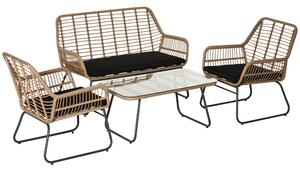Set Salotto da Giardino Divano 2 Poltrone e Tavolino in Rattan Naturale e Poliestere Nero