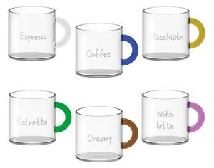 WD Lifestyle WD598 Set 6 Tazzine da Caffè 100ml Scritta Decorativa Vetro Borosilicato Manico Colorato