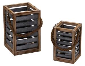 Set 2 Lanterna in legno marrone con manico corda quadro