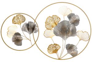 Decorazione Murale 3D in Metallo 138x70 cm Wall Art Dorata con Ginkgo Oro e Argento
