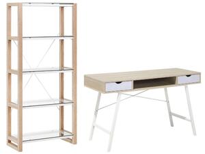 Set di mobili per ufficio, legno chiaro, MDF bianco, vetro, una scrivania, una libreria, un home office minimalista Beliani