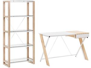 Set di di mobili per ufficio, legno chiaro, MDF bianco, vetro, una scrivania, una libreria, un home office minimalista Beliani