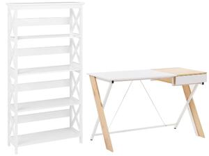 Set di di mobili per ufficio, legno chiaro, MDF bianco, vetro, una scrivania, una libreria, un home office minimalista Beliani