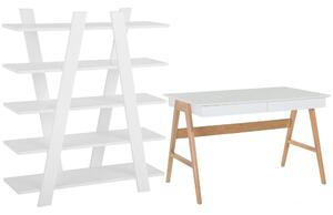 Set di mobili per ufficio, legno chiaro, MDF bianco, vetro, una scrivania, una libreria, un home office minimalista Beliani