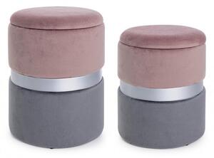Set 2 Pouf Contenitore Polina Rosa-Grigio in Tessuto effetto Velluto