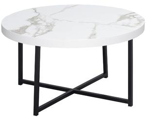 Tavolino da Caffè Rotondo con Piano Effetto Marmo Ø80x45 cm in MDF e Gambe in Metallo Bianco
