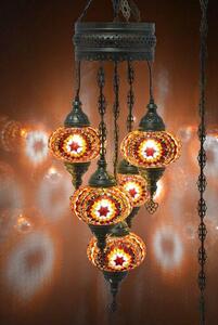 Lampada a sospensione turca a 5 globi con orientale in vetro mosaico multicolore, realizzata a mano