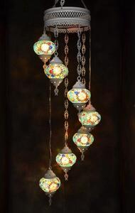 Lampada a sospensione in vetro blu con mosaico colorato, lampadario orientale, 7 sfere di vetro, realizzata a mano in Turchia