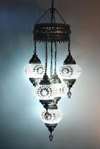 Lampada a sospensione a 5 sfere in vetro mosaico bianco - Lampada a sospensione turca con 5 sfere in vetro mosaico - Lampada da soffitto orientale