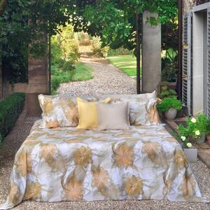 Completo Lenzuola In Percalle Sea Flower Matrimoniale - 250X290 175X205 + 2 Federe 50X80 Mirabello Floreale Oro Caleffi