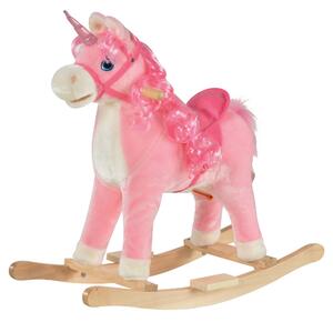 Cavallo a Dondolo Unicorno per Bambini in Legno e Peluche Unicorno Rosa