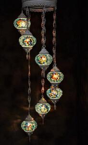 Lampada a sospensione in vetro colorato blu pastello con mosaico orientale, lampadario a 7 globi, realizzato a mano in Turchia