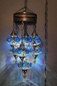 Lampada a sospensione turca a 7 luci in vetro mosaico blu – lampada da soffitto orientale con 7 sfere di vetro