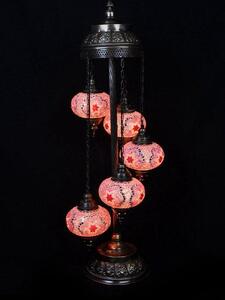 Lampada da terra a mosaico turca realizzata a mano in vetro rosa con 5 sfere – Autentica lampada orientale