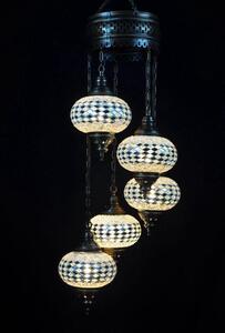 Lampada a sospensione turca con mosaico a 5 sfere e struttura argentata – Lampada orientale realizzata a mano per un'atmosfera accogliente