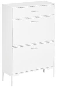 Scarpiera 12 Paia di Scarpe 76x26x110 cm 2 Ante a Ribalta e Cassetto in MDF e Metallo Bianco