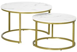 Set 2 Tavolini Impilabili con Piano Rotondo in Acciaio e Truciolato Bianco e Oro