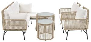 Set da giardino a 6 pezzi, corda intrecciata a mano con telaio in ferro, 2 poltrone, 2 divani a 2 posti e 2 tavolini, 187 × 124 × 78cm, Beige