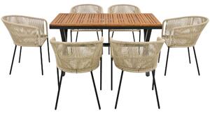 Set da pranzo da giardino 7 pezzi, con 6 poltrone e 1 tavolo, corda intrecciata a mano, 140x80x76 cm, Beige