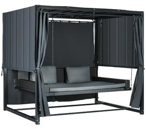 Dondolo Lettino con Pergola da Giardino 235x180x210 cm in Acciaio e Rattan PE Grigio Scuro
