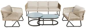 Set da giardino lounge a 5 pezzi con corda, piedi regolabili, piano del tavolo in vetro liscio, inclusi cuscini per seduta e schienale, 166x60x76 cm, Beige