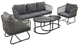 Set da giardino lounge a 5 pezzi con corda, piedi regolabili, piano del tavolo in vetro liscio, inclusi cuscini per seduta e schienale, 166x60x76 cm, Grigio
