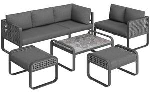 Set da giardino per 6-7 persone, mobili in rattan con struttura in ferro zincato e gambe regolabili, inclusi cuscini per seduta e schienale, 181x181x69 cm, Grigio