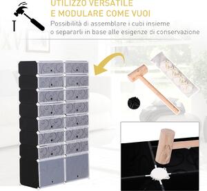 Homcom Scarpiera fai da te 16 Cubi Guardaroba Modulare Scarpiera Cubi, Bianco e Nero in Plastica, a 6 Ripiani 2 Righe 95 x 37 x 160cm