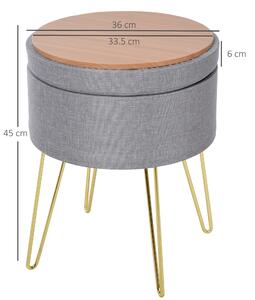 HOMCOM Pouf Contenitore 2 in 1 con Funzione Sgabello e Tavolino, in Legno e Tessuto Grigio, Metallo con Finitura Oro, 36x36x45cm