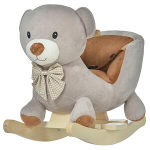 Cavallo a Dondolo per Bambini in Legno e Peluche Orso Grigio