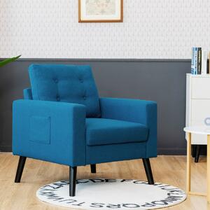 Costway Poltrona moderna con gambe in legno di gomma 2 tasche laterali, Poltroncina trapuntata a bottone in tessuto Blu scuro