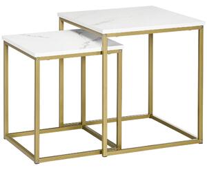 HOMCOM Tavolino da Salotto Set 2 Pz Impilabile con Piano Effetto Marmo in Truciolato e Struttura in Acciaio, 45x45x50 cm e 37x37x43 cm, Bianco e Oro