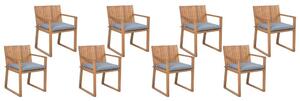 Set di 8 sedie da giardino in legno di acacia marrone con cuscini di seduta blu resistenti all'acqua Beliani