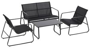 Sakura - Salottino da giardino di design con divanetto + 2 poltrone + tavolino da caffè con ripiano in vetro. Set lounge da esterno 4 pezzi in metallo e textilene. Nero