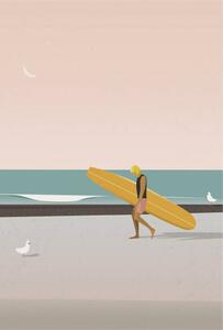 Illustrazione Longboard surfer walking on the beach, LucidSurf