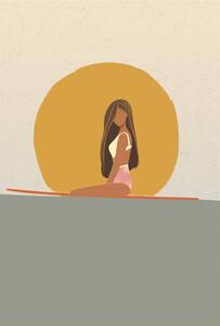 Illustrazione Surfer girl at sunset sitting on, LucidSurf