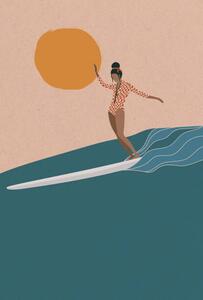 Illustrazione Female Longboard Surfer riding the wave, LucidSurf