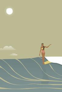 Illustrazione Surfer girl full moon retro style vector, LucidSurf