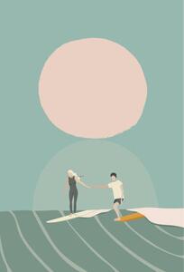 Illustrazione A surf couple surfing on the longboard surfboards, LucidSurf