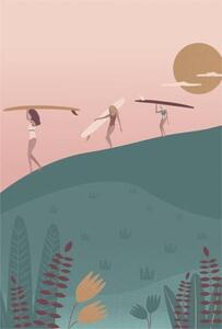 Illustrazione Surf girls walking with the longboards, LucidSurf