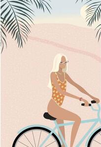Illustrazione Surfer girl in bikini on bicycle, LucidSurf