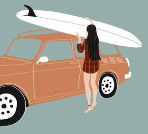 Illustrazione Flat illustration of surfer girl holding, LucidSurf