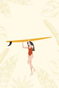 Illustrazione Surfer Girl Holding the Longboard Surfboard, LucidSurf