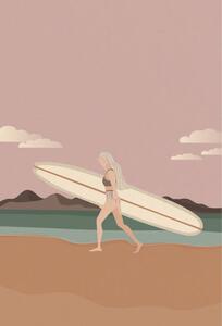 Illustrazione Surfer girl walking on the beach, LucidSurf